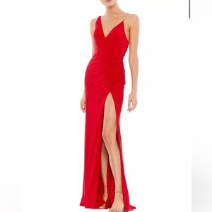 Mac Duggal Pearl-Strap Jersey Gown (Red)